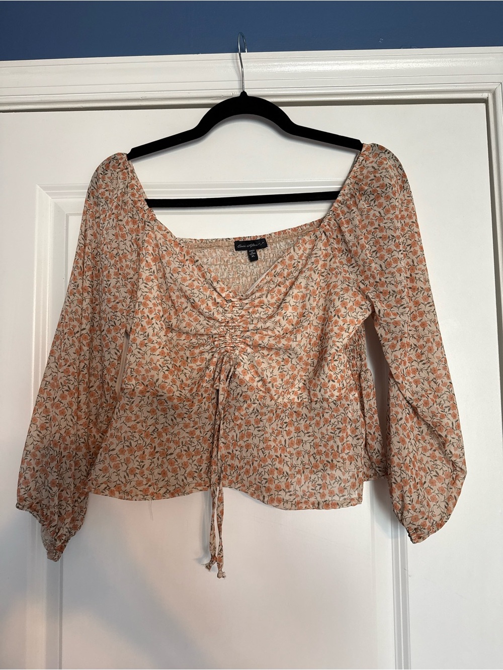 Floral Peach Drawstring Peasant Blouse